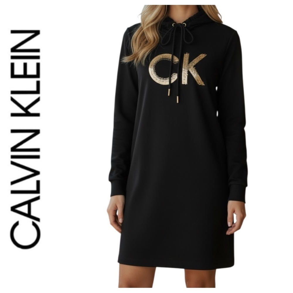 Calvin Klein Gold Beaded CK Logo Black Hoodie Sweatshirt Dress Size Medium NWT